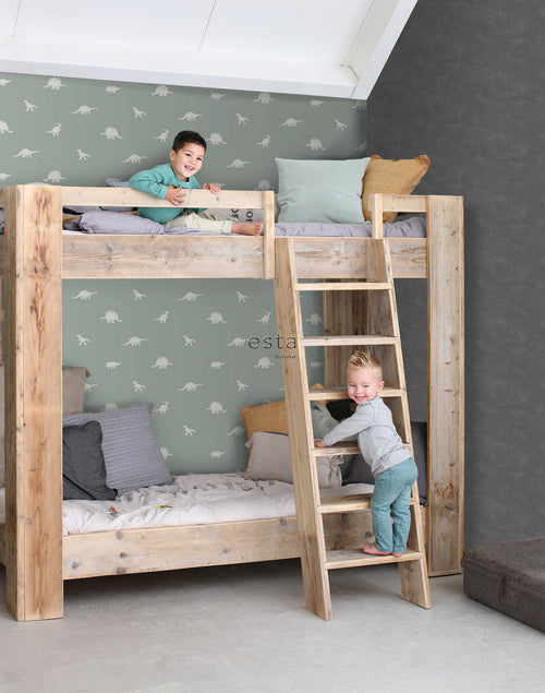 ESTAhome behang dinosaurussen vergrijsd mintgroen - 53 cm x 10.05 m - 139284
