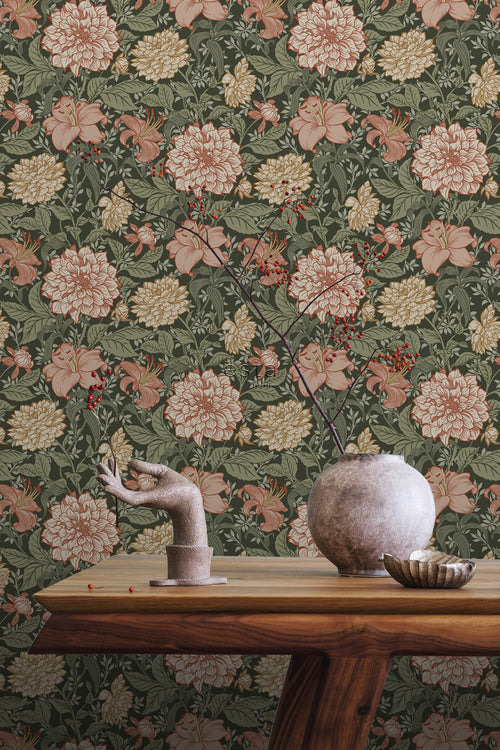ESTAhome behang vintage bloemen vergrijsd groen en terracotta roze - 53 cm x 10.05 m - 139381