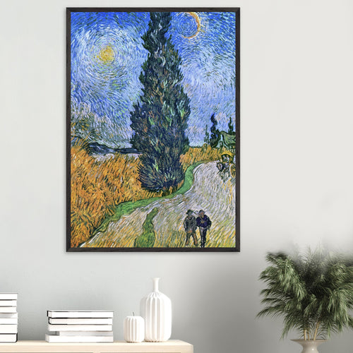 Artfulprints Poster met Lijst Vincent van Gogh - Landweg in de Provence bij nacht   - 70x100 cm - Blauw
