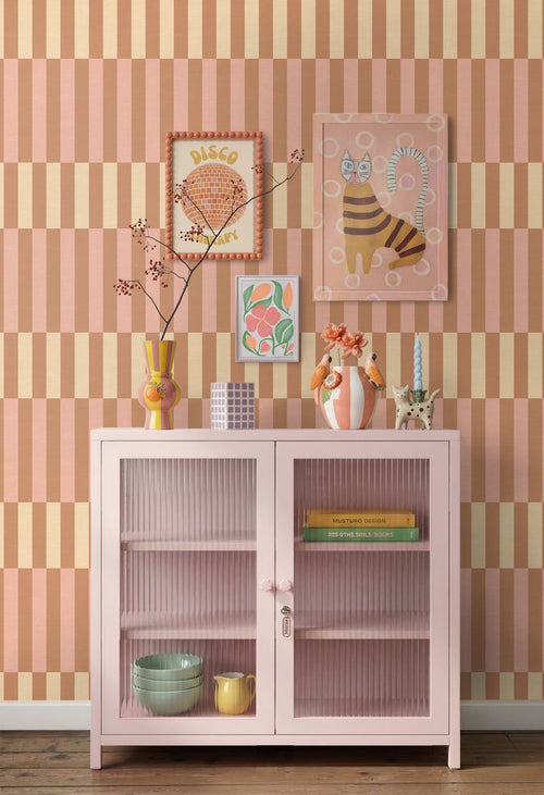 ESTAhome behang linnen-look strepen roze, bruin en beige - 50 x 900 cm - 132252