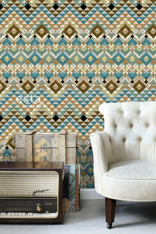 ESTAhome XXL behang Aztec-motief turquoise, beige en zeegroen - 50 x 900 cm - 158601