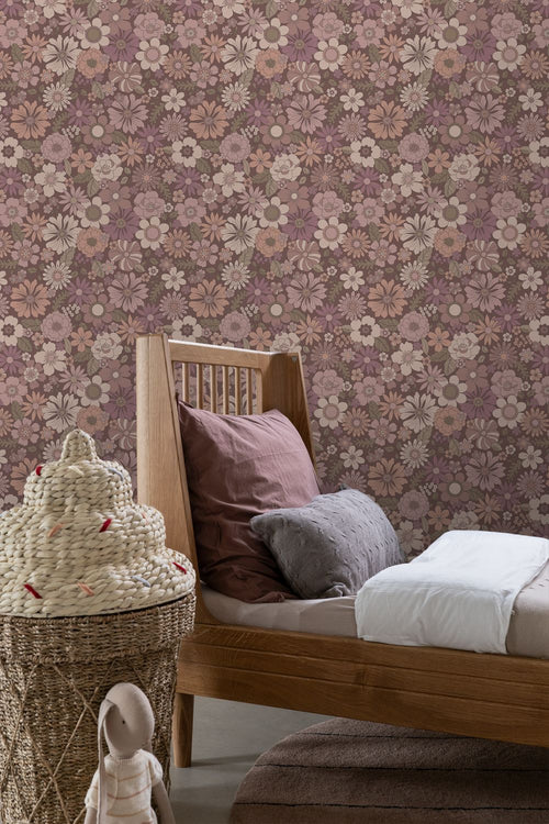 ESTAhome behang retro bloemen oudroze en aubergine paars - 53 cm x 10.05 m - 131135