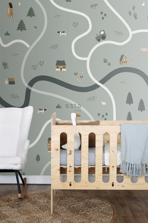 ESTAhome fotobehang tractoren en boerderijdieren vergrijsd groen - 200 x 279 cm - 159056 - vtwonen shop