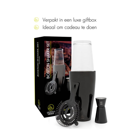 Leopold Vienna - Cocktail set Boston RVS zwart (cocktail shaker, pipet, strainer) cadeau giftset