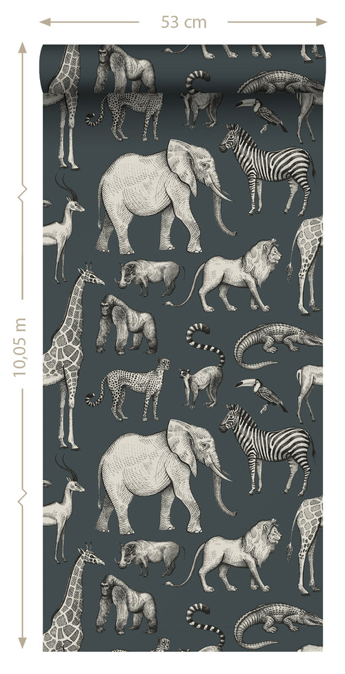 ESTAhome behang jungle dieren vergrijsd blauw en grijs - 53 cm x 10.05 m - 139272