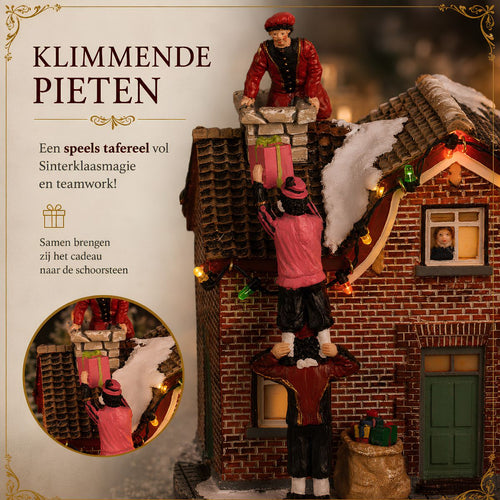 Luville Collectables Pieten Beklimmen Huis - Kerstdecoratie met Bewegende Pieten en Verlichting - Werkt op Batterijen - Polyresin - 13,5 x 11,5 x 18