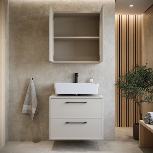 Badplaats Wastafelkast Set Florence 60 x 35 cm – Beige – Badmeubel met Spiegelkast