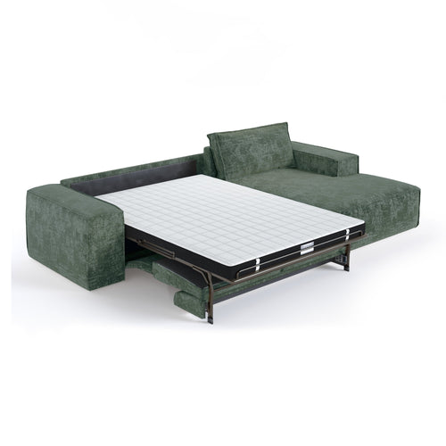 Premium Interiors - Rechthoekige hoekbank met snelle slaapfunctie JUNE - gewaafd fluweel smaragdgroen 320cm