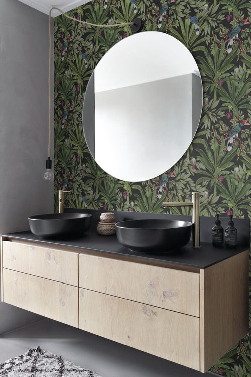 ESTAhome behang tropische jungle bladeren zwart en jungle groen - 53 cm x 10.05 m - 139190