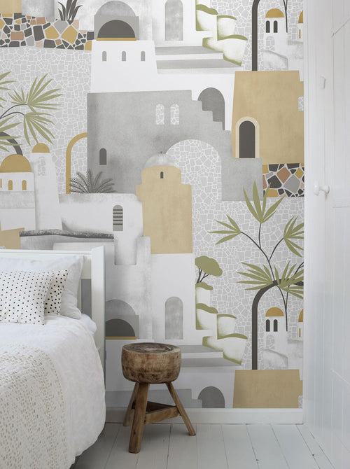 Sanders & Sanders fotobehang mediterrane huisjes grijs en geel - 318 x 280 cm - 640829