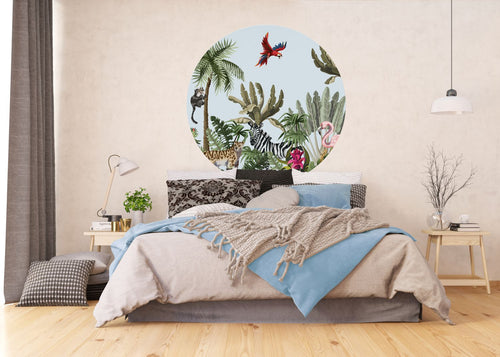 Sanders & Sanders zelfklevende behangcirkel jungle dieren groen, blauw en roze - Ø 140 cm - 601159