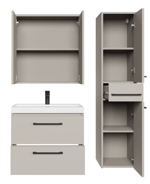 Badplaats Badkamermeubel Set Florence 60 cm – Beige – Hangend Badmeubel met Wastafel, Spiegelkast en Zijkast