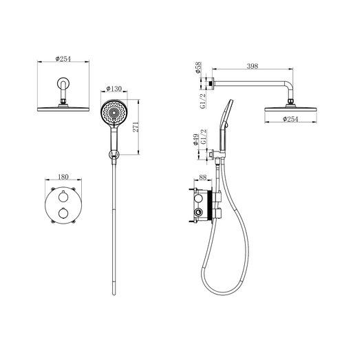 LOMAZOO inbouwdoucheset Cyra - met thermostaatkraan & ronde handdouche - gun metal