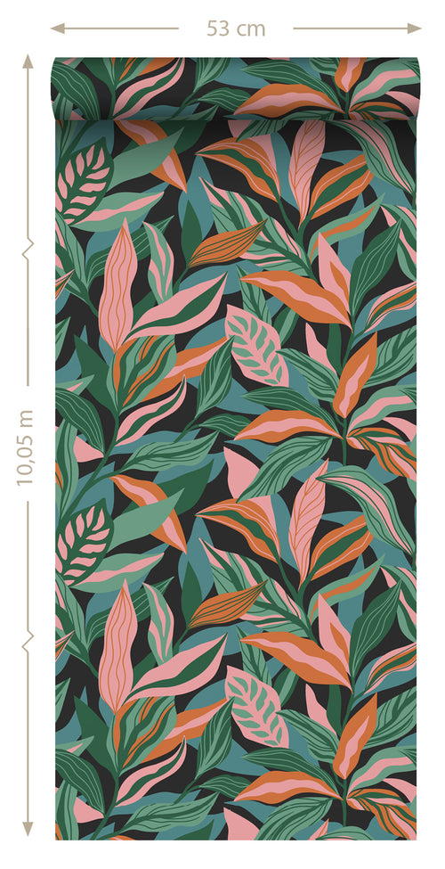 ESTAhome behang tropische bladeren turquoise, roze en oranje - 50 x 900 cm - 131046 - vtwonen shop