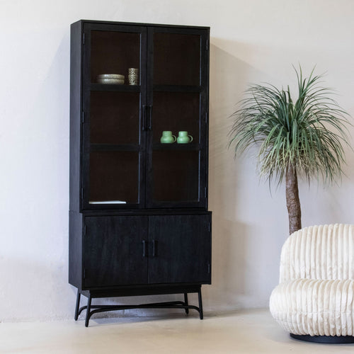 Giga Meubel Vitrinekast Romee - Mangohout - Zwart - 100x38x220cm - vtwonen shop