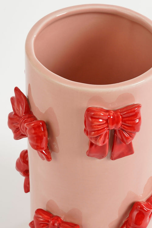 Mica Decorations Vaas met Strikjes - H26 x Ø17 cm - Dolomiet - Rood, Lichtroze - vtwonen shop