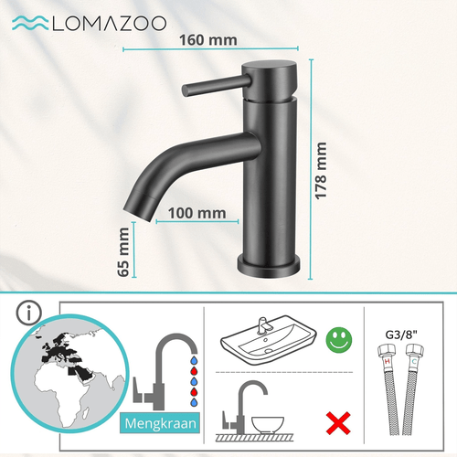 LOMAZOO wastafelkraan Macy - mengkraan - gun metal