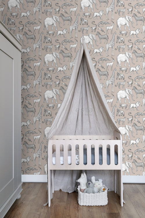 ESTAhome behang jungle dieren oudroze en grijs - 53 cm x 10.05 m - 139271