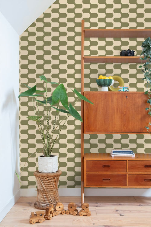ESTAhome behang golvende lijnen groen en beige - 50 x 900 cm - 132142