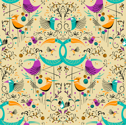 Walls4You behang vogels okergeel en meerkleurig - 53 cm x 10 m - 640131