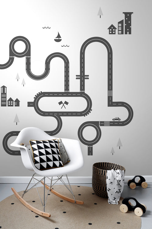 ESTAhome fotobehang getekende straat zwart en wit - 139.5 x 279 cm - 158836 - vtwonen shop