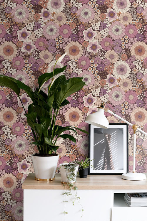 ESTAhome behang retro bloemen mauve paars en terracotta roze - 53 cm x 10.05 m - 131319