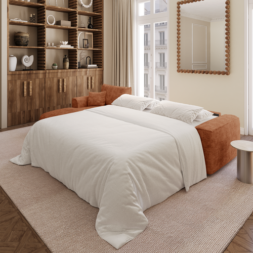 Premium Interiors - Linkerhoekbank met snelle uitklapfunctie COMO - corduroy terracotta 300cm