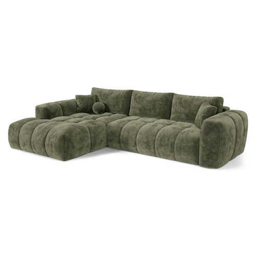 Premium Interiors - Linkshoekbank met slaapfunctie en opbergruimte SKY - gewaafd fluweel vintage groen 310cm