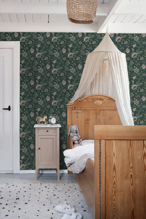 ESTAhome behang vintage bloemen antraciet grijs en groen - 53 cm x 10.05 m - 139415