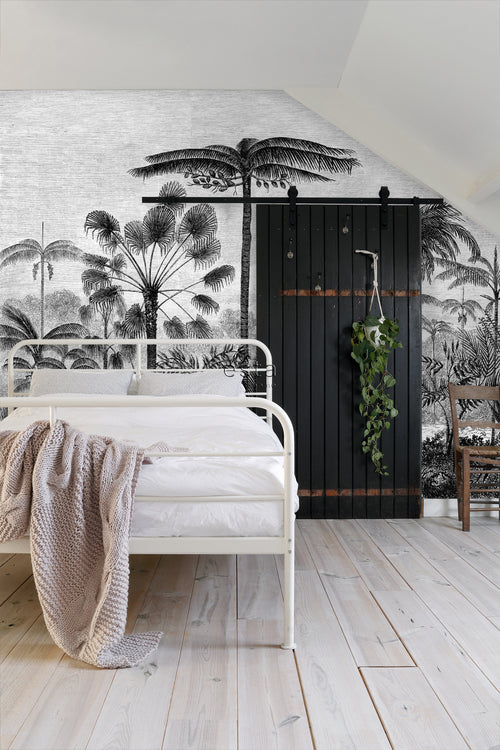 ESTAhome fotobehang tropisch landschap met palmbomen zwart wit - 350 x 279 cm - 158952 - vtwonen shop