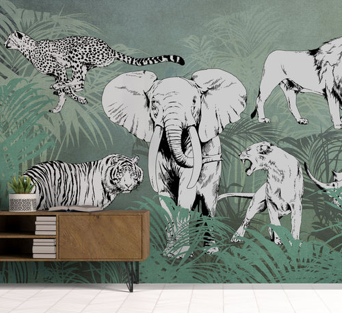 Sanders & Sanders fotobehang jungle dieren blauw, groen en zwart wit - 424 x 280 cm - 640893