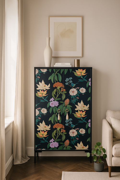Dressoir van MDF met 2 decoratieve deuren, zwart bloemenmotief