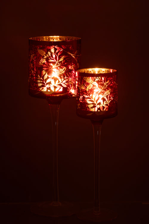 J-Line theelichthouder Op Voet Blaadjes - glas - rood/goud - large