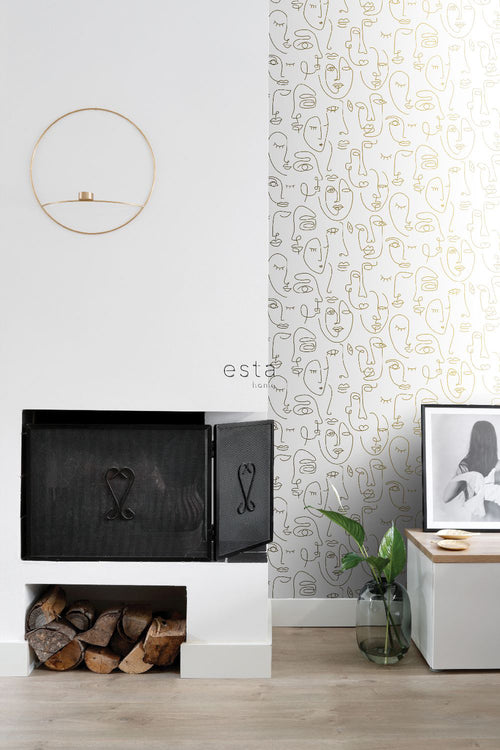 ESTAhome behang line art gezichten wit en glanzend goud - 0,53 x 10,05 m - 139146 - vtwonen shop