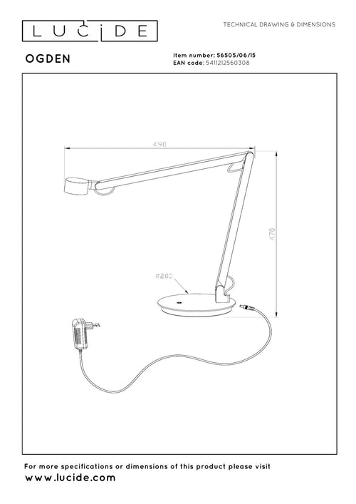 Lucide bureaulamp OGDEN - Geïntegreerde LED - Grijs ijzer