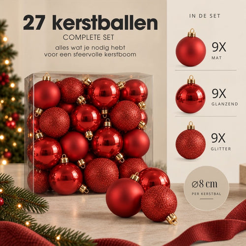 Mica Decorations Kerstballenset Onbreekbaar Rood 27 Stuks - Gemaakt van Gerecycled Polystyreen - Diameter 8 cm - Ideaal voor Gezinnen met Kinderen en