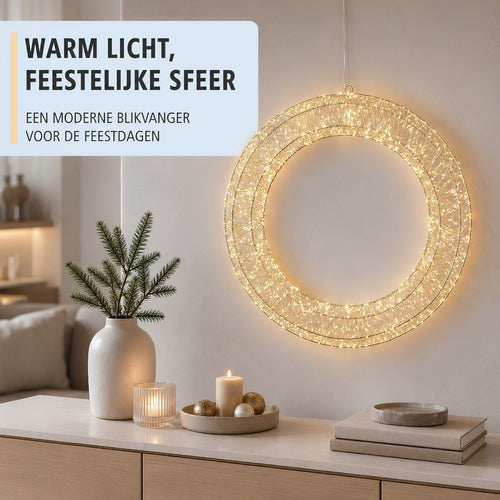 Luca Lighting Krans Zilver Warm Wit 1440 LED - Kerstversiering Ø50 cm voor Muur, Deur of Raam - Kerstkrans met Verlichting en Timer - Deurkrans voor