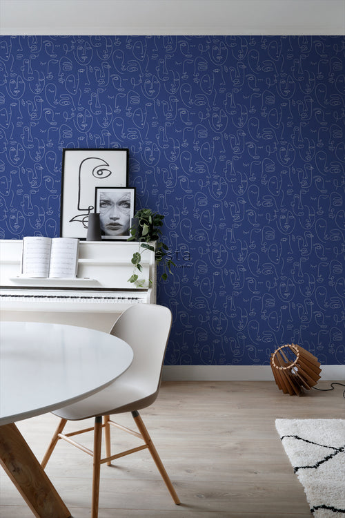 ESTAhome behang line art gezichten kobaltblauw - 50 x 900 cm - 139434