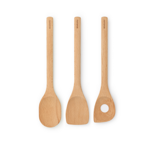 Brabantia Profile Houten keukengerei, set van 3 (lepel, bakspaan, pollepel met hoek) - Beech Wood