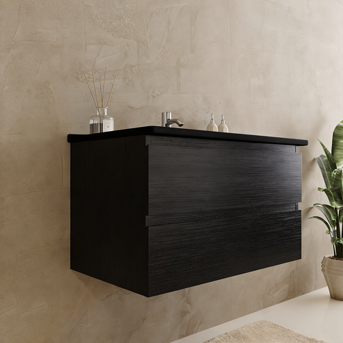LOMAZOO badmeubelset Verona - met hoge kast & zwarte wastafel - mat zwart - 80 cm