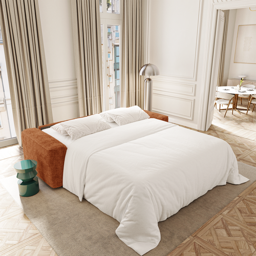 Premium Interiors - Snel uitklapbare slaapbank COMO - zacht aanvoelende geweven stof terracotta 236cm