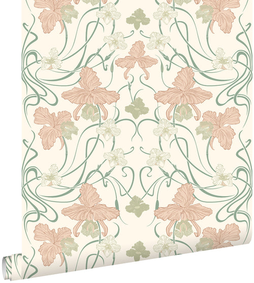 ESTAhome behang vintage bloemen in art nouveau stijl roomwit, zacht roze en vergrijsd groen - 53 cm x 10.05 m - 139666 - vtwonen shop