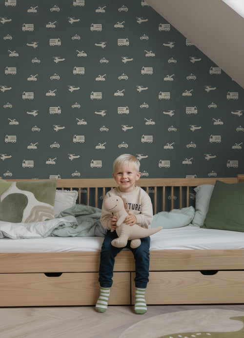 ESTAhome behang auto's, brandweerauto's, helikopters en kranen groen 53 cm x 10.05 m 131400