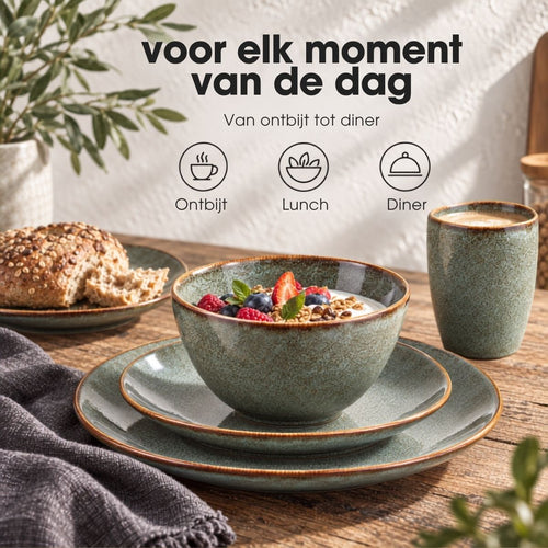 Mica Decorations Tabo Serviesset 16-Delig Groen - Keramische Borden voor 4 Personen - Complete Set met Mokken en Schaaltjes - Handgemaakt Botanisch