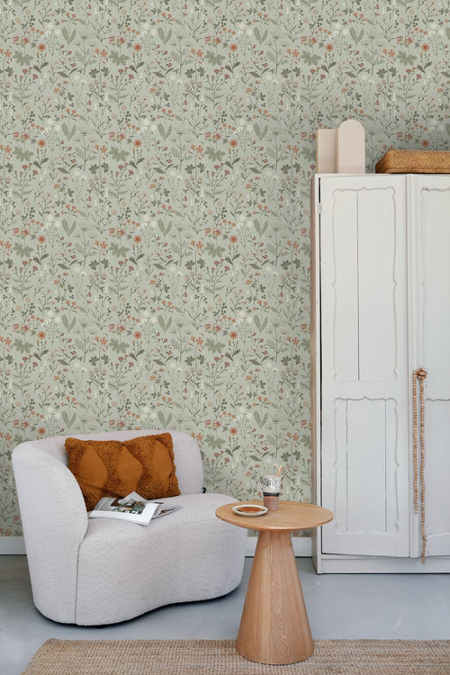 ESTAhome behang veldbloemen vergrijsd mintgroen - 53 cm x 10.05 m - 139598
