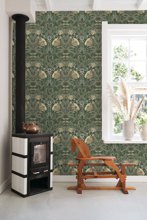 ESTAhome behang vintage bloemen in art nouveau stijl donkergroen - 53 cm x 10.05 m - 139420