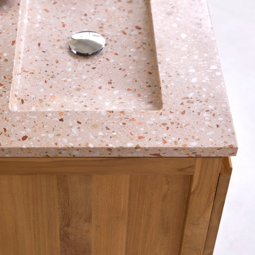 Tikamoon Badkamermeubel van massief teakhout en roze premium terrazzo 60 cm - Lichtbruin