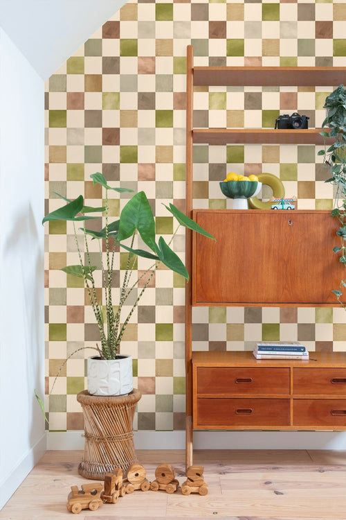 ESTAhome behang geblokt motief groen en bruin - 50 x 900 cm - 132176