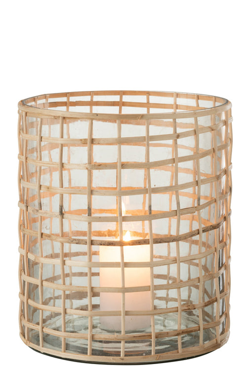 J-Line windlicht Violet Breed - glas/riet - naturel