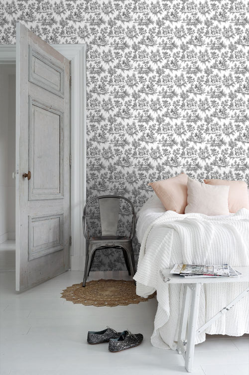 ESTAhome behang toile de jouy print zwart - 53 cm x 10.05 m - 136820